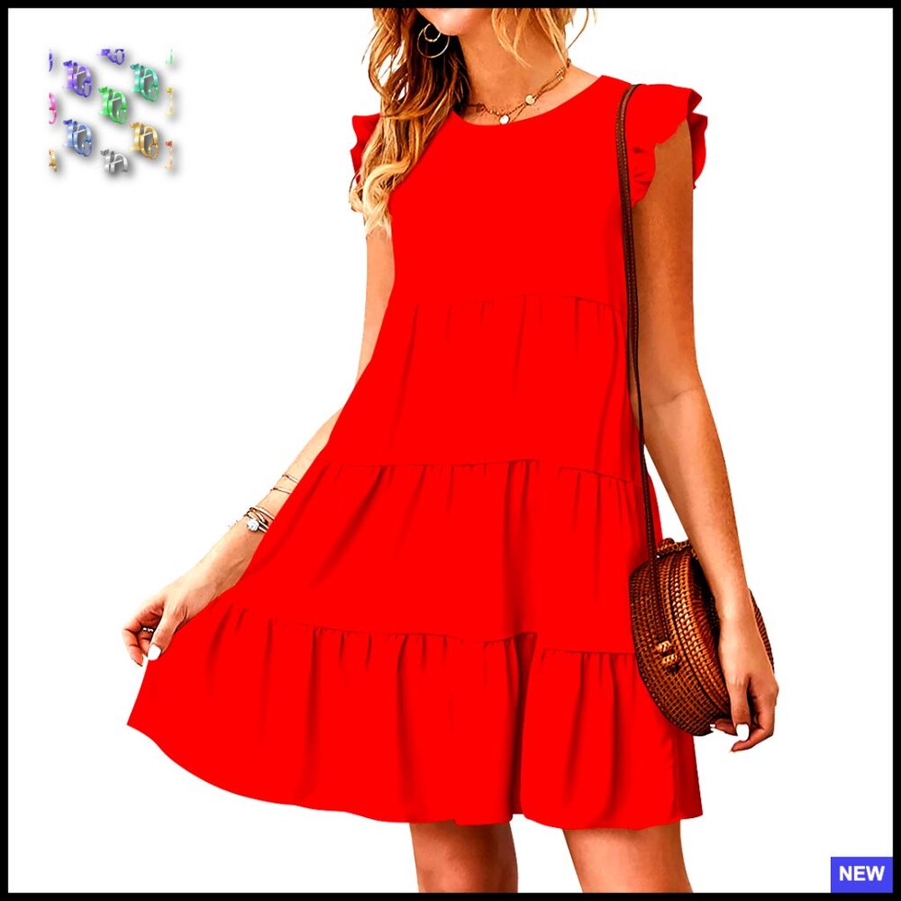 Babydoll Mini Dress Ruffle Sleeve Flowy Pleated Casual Boho Chic Summer